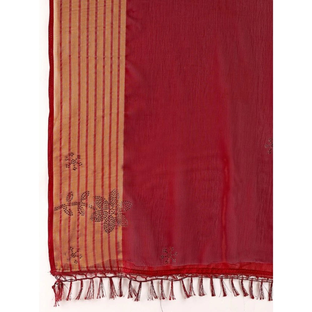 Women's Chiffon Fabric Plain Saree With Unstitched Blouse (Maroon, 5-6 Mtrs)