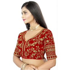 Women's Velvet Embroidery Readymade Blouse (Red, Size: Free Size) - GillKart