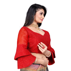 Women's Organza  Embroidery Readymade Blouse (Red, Size: Free Size) - GillKart