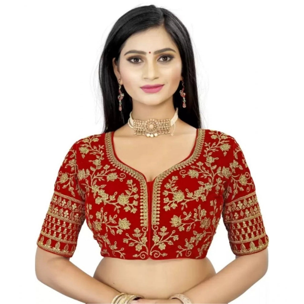 Women's Velvet Embroidery Readymade Blouse (Red, Size: Free Size) - GillKart