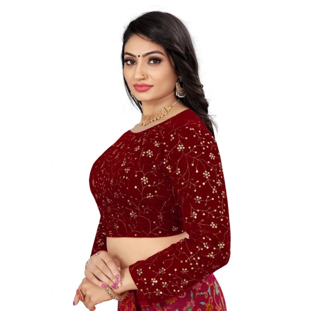 Women's Velvet Embroidery Readymade Blouse (Maroon, Size: Free Size) - GillKart