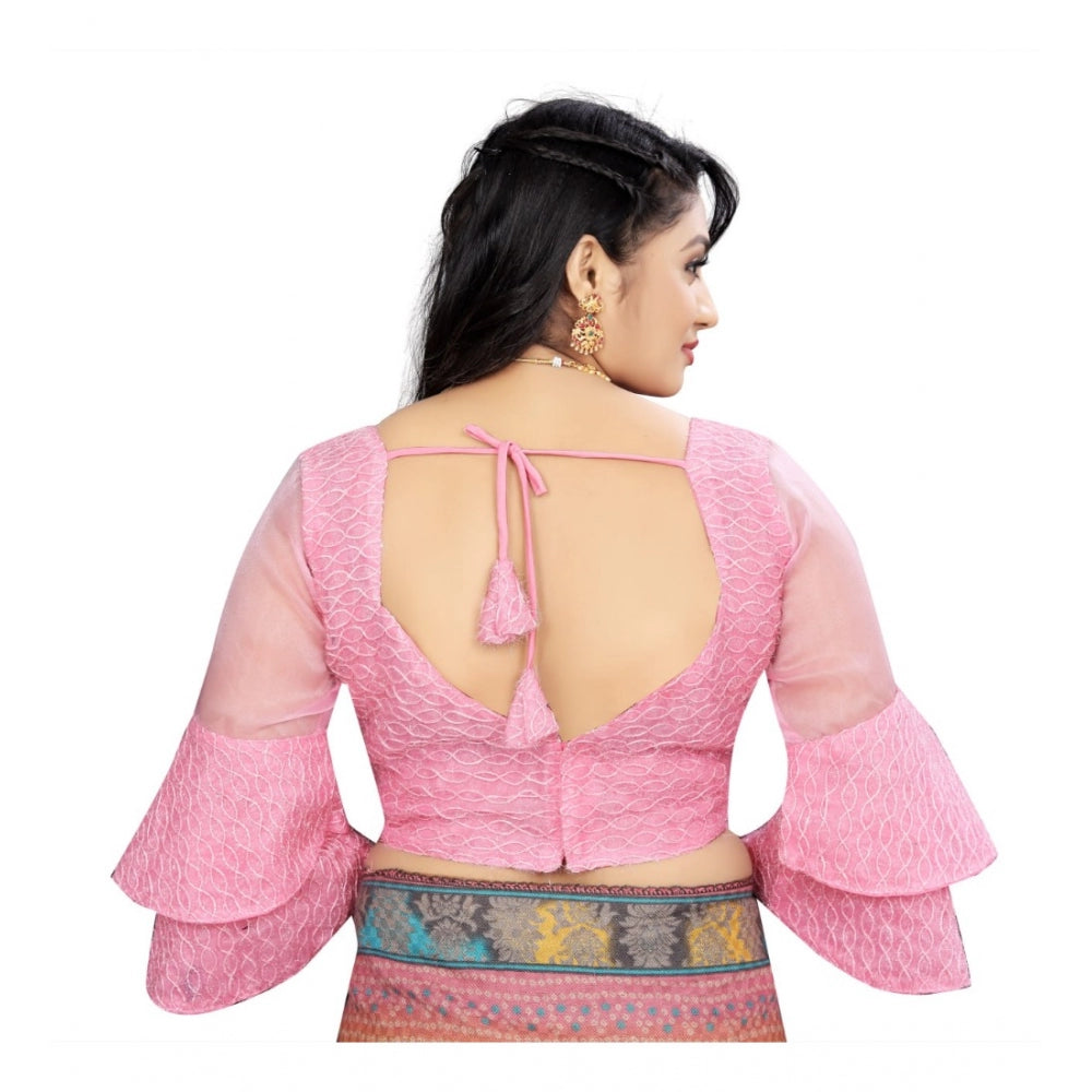 Women's Organza  Embroidery Readymade Blouse (Pink, Size: Free Size) - GillKart