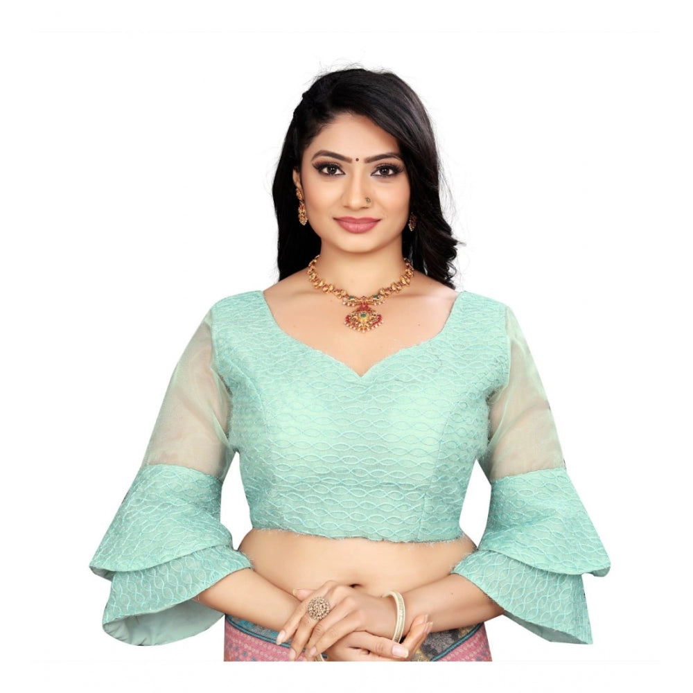 Women's Organza  Embroidery Readymade Blouse (Mint Green, Size: Free Size) - GillKart