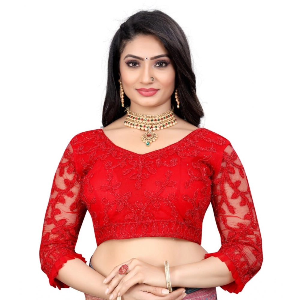 Women's Nylon Net Embroidery Readymade Blouse (Red, Size: Free Size) - GillKart