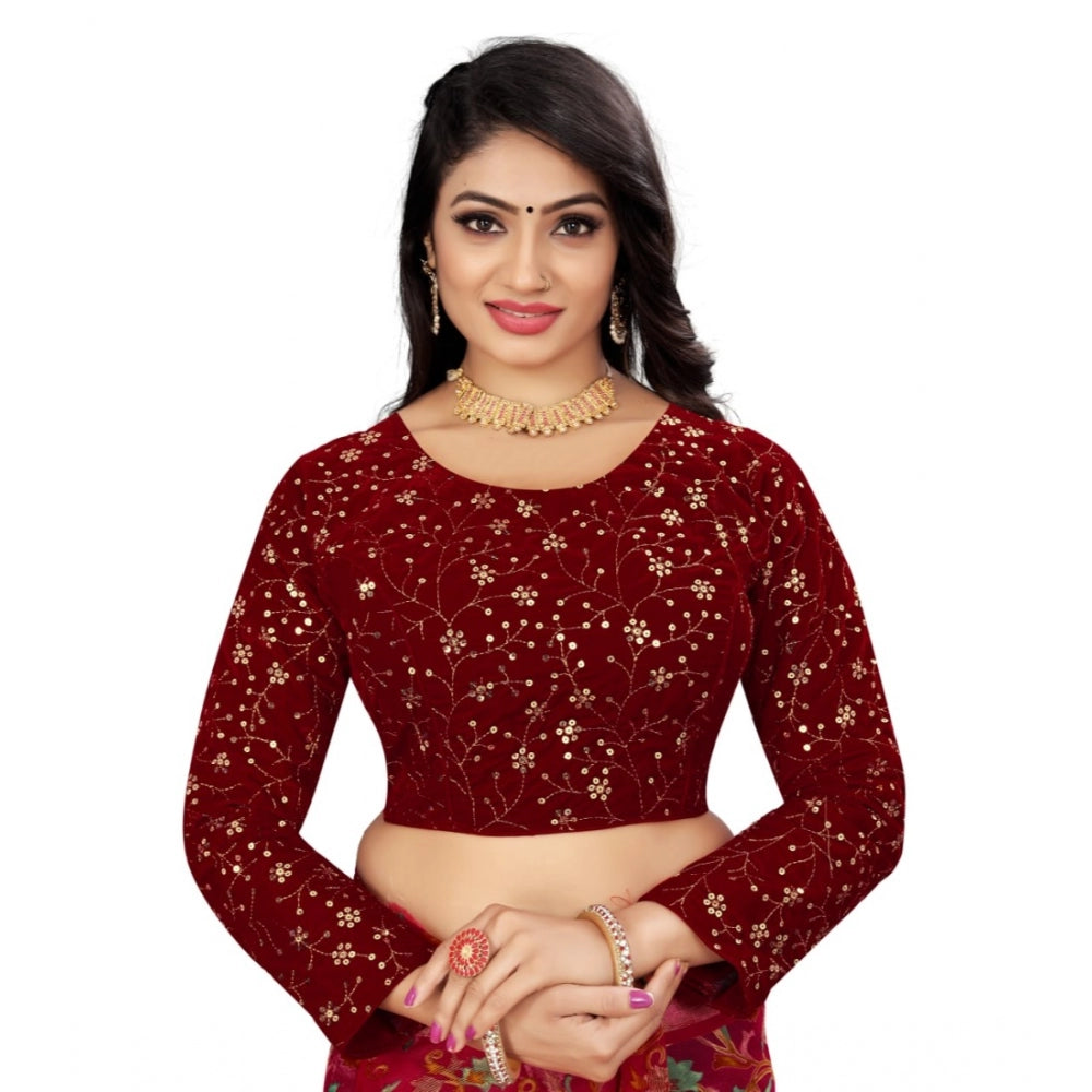 Women's Velvet Embroidery Readymade Blouse (Maroon, Size: Free Size) - GillKart