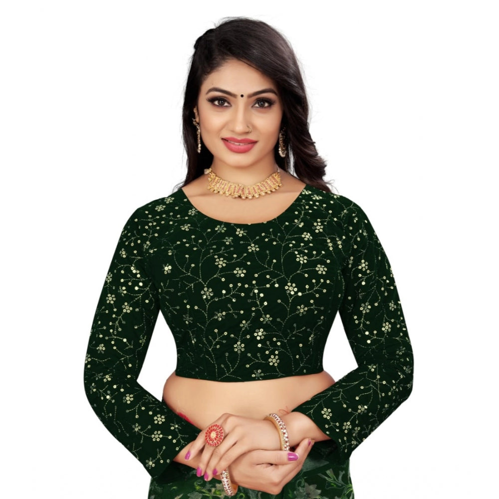 Women's Velvet Embroidery Readymade Blouse (Green, Size: Free Size) - GillKart