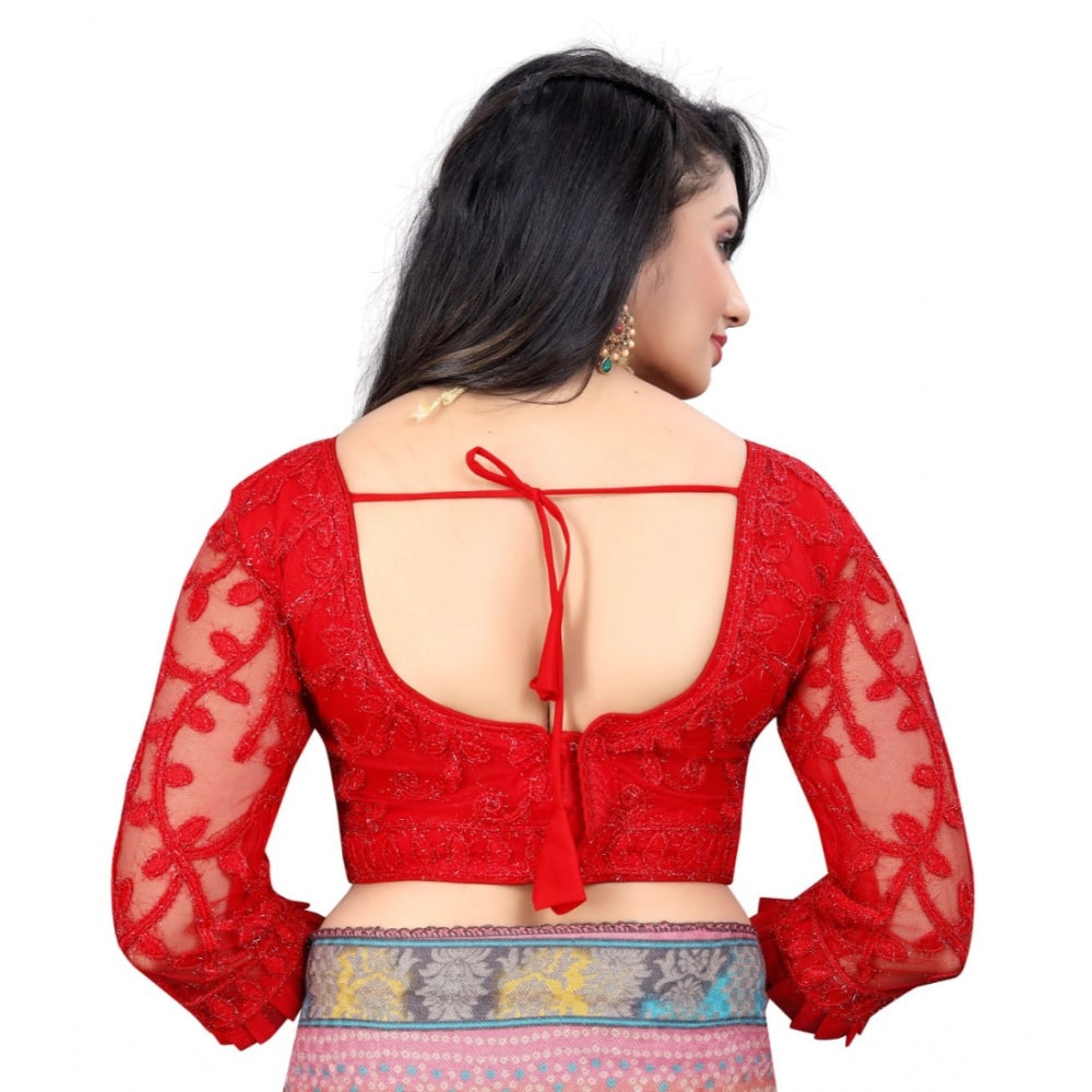 Women's Nylon Net Embroidery Readymade Blouse (Red, Size: Free Size) - GillKart