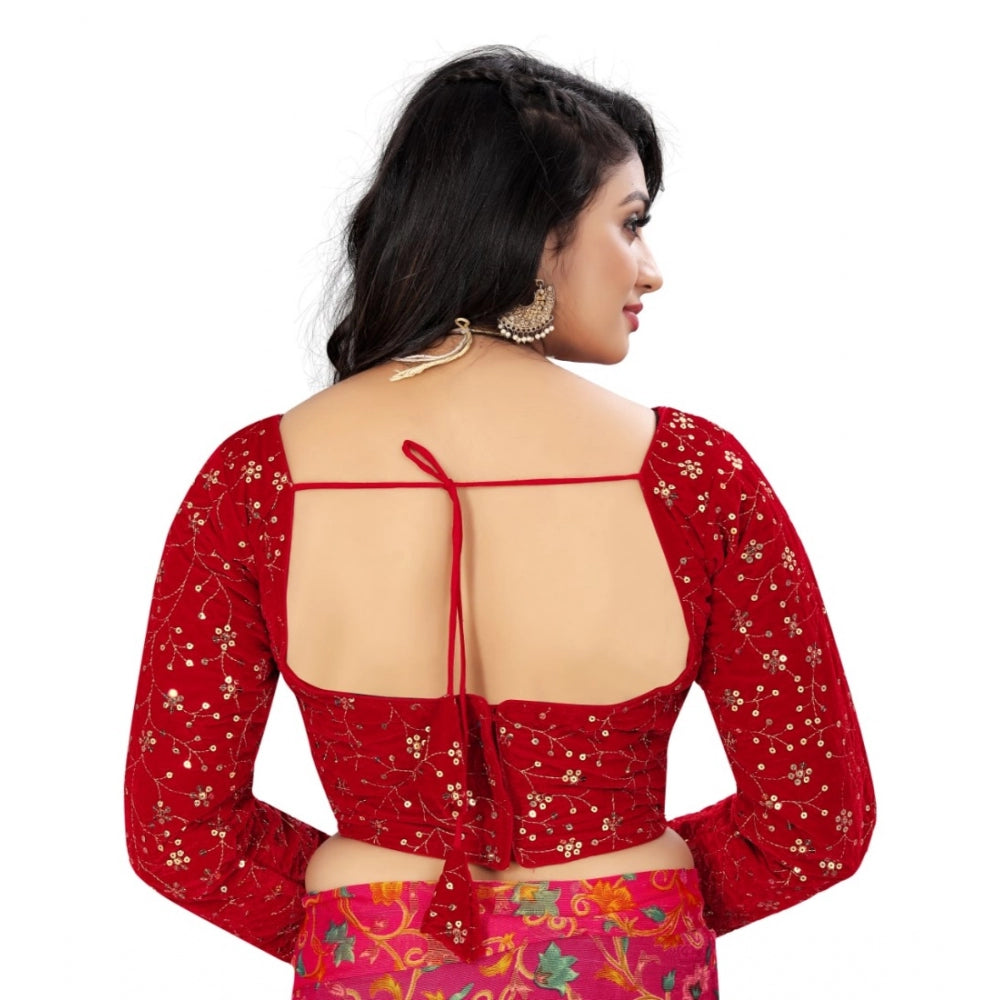 Women's Velvet Embroidery Readymade Blouse (Red, Size: Free Size) - GillKart