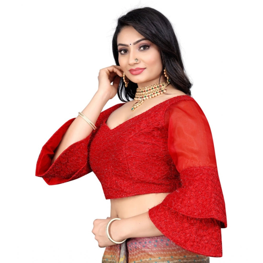 Women's Organza  Embroidery Readymade Blouse (Red, Size: Free Size) - GillKart