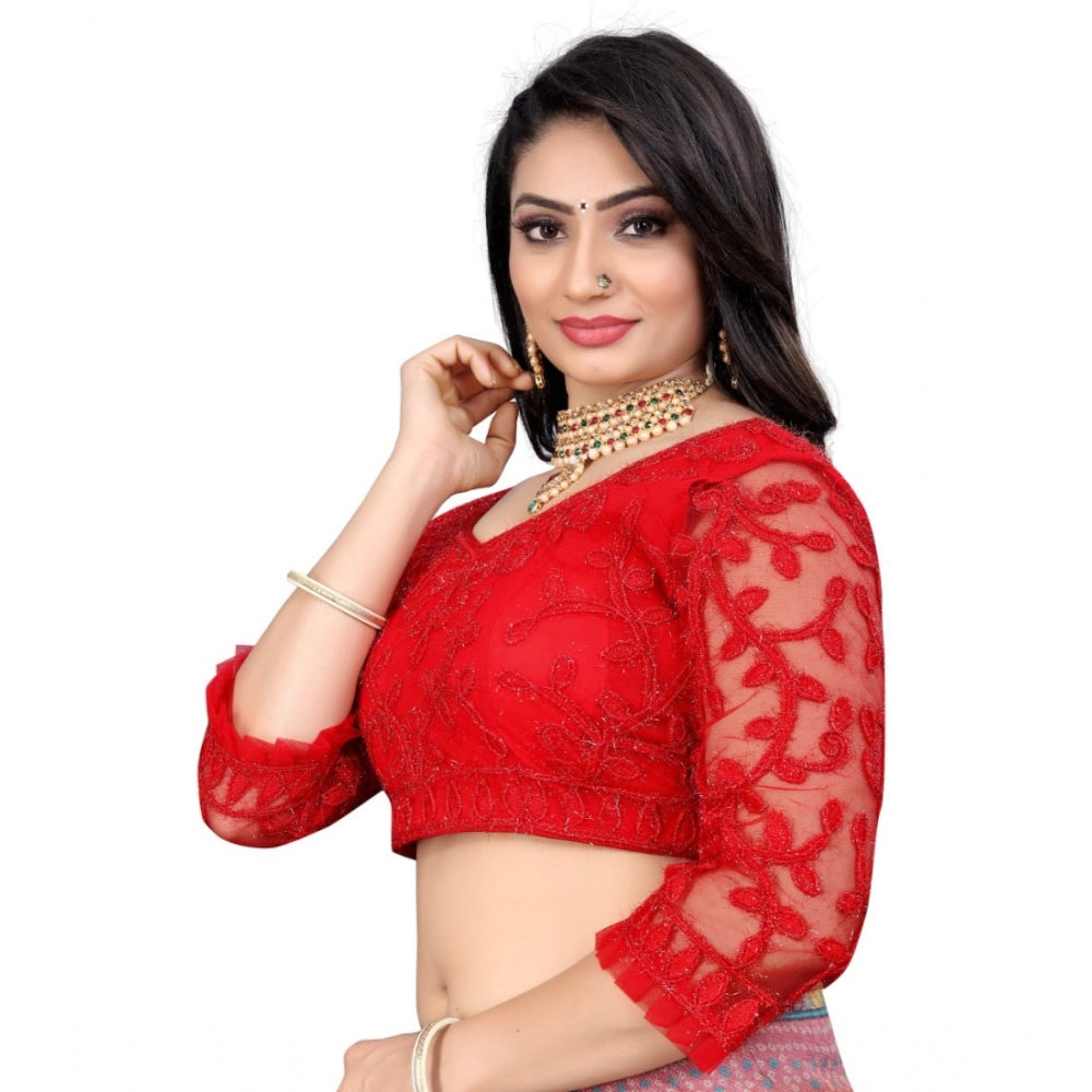 Women's Nylon Net Embroidery Readymade Blouse (Red, Size: Free Size) - GillKart