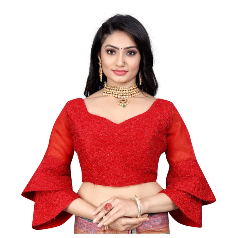 Women's Organza  Embroidery Readymade Blouse (Red, Size: Free Size) - GillKart