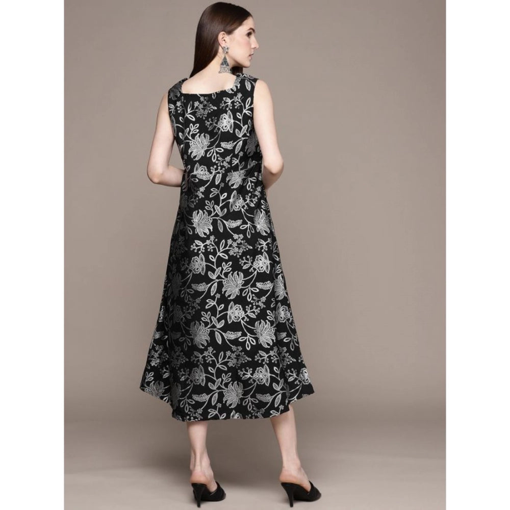 Women's Casual Sleeveless Floral Printed Crepe Ethnic Dress (Black) - GillKart