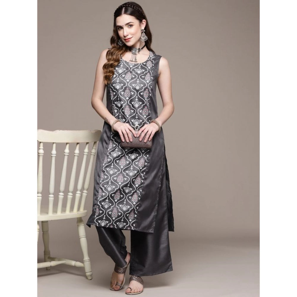 Women's Casual Sleeveless Floral Printed Poly Silk Kurti and Palazzo Set (Dark Grey) - GillKart