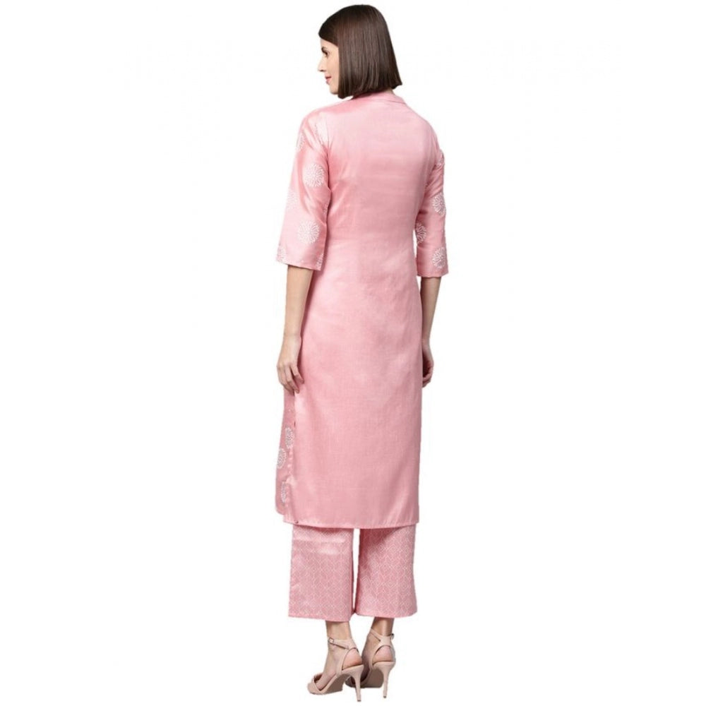 Women's Casual 3-4Th Sleeve Floral Printed Poly Silk Kurti And Palazzo Set (Pink) - GillKart