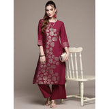 Women's Casual 3-4Th Sleeve Floral Printed Crepe Kurti And Palazzo Set (Dark Pink) - GillKart