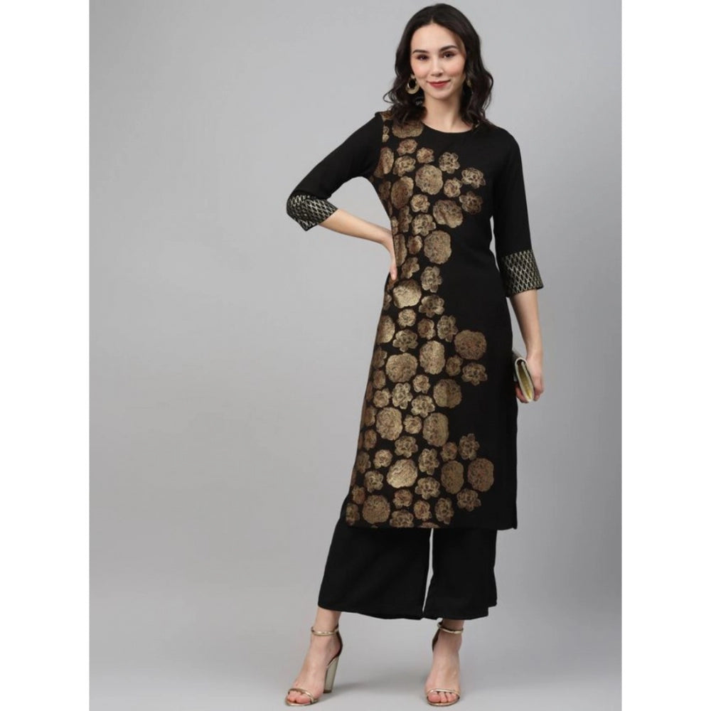 Women's Casual 3-4Th Sleeve Floral Printed Crepe Kurti And Palazzo Set (Black) - GillKart