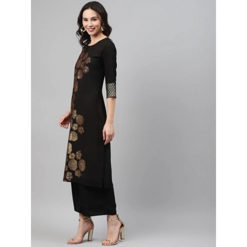 Women's Casual 3-4Th Sleeve Floral Printed Crepe Kurti And Palazzo Set (Black) - GillKart