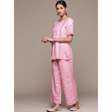 Women's Casual Half Sleeve Geometric Rayon Kurti And Palazzo Set (Pink) - GillKart