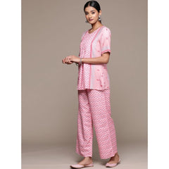 Women's Casual Half Sleeve Geometric Rayon Kurti And Palazzo Set (Pink) - GillKart