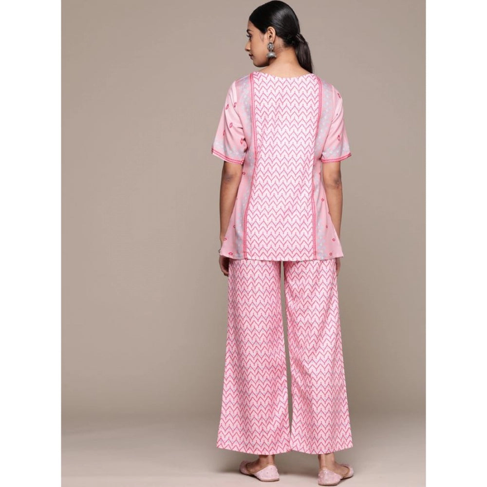 Women's Casual Half Sleeve Geometric Rayon Kurti And Palazzo Set (Pink) - GillKart