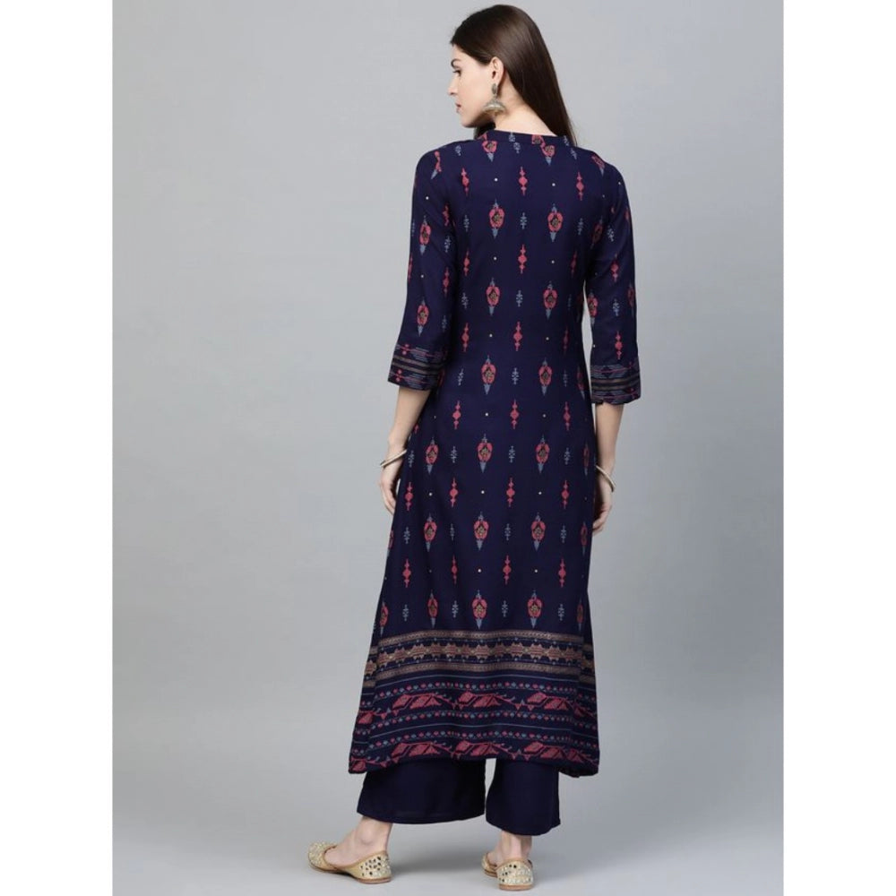 Women's Casual 3-4Th Sleeve Ikkat Rayon Kurti and Palazzo Set (Navy Blue) - GillKart