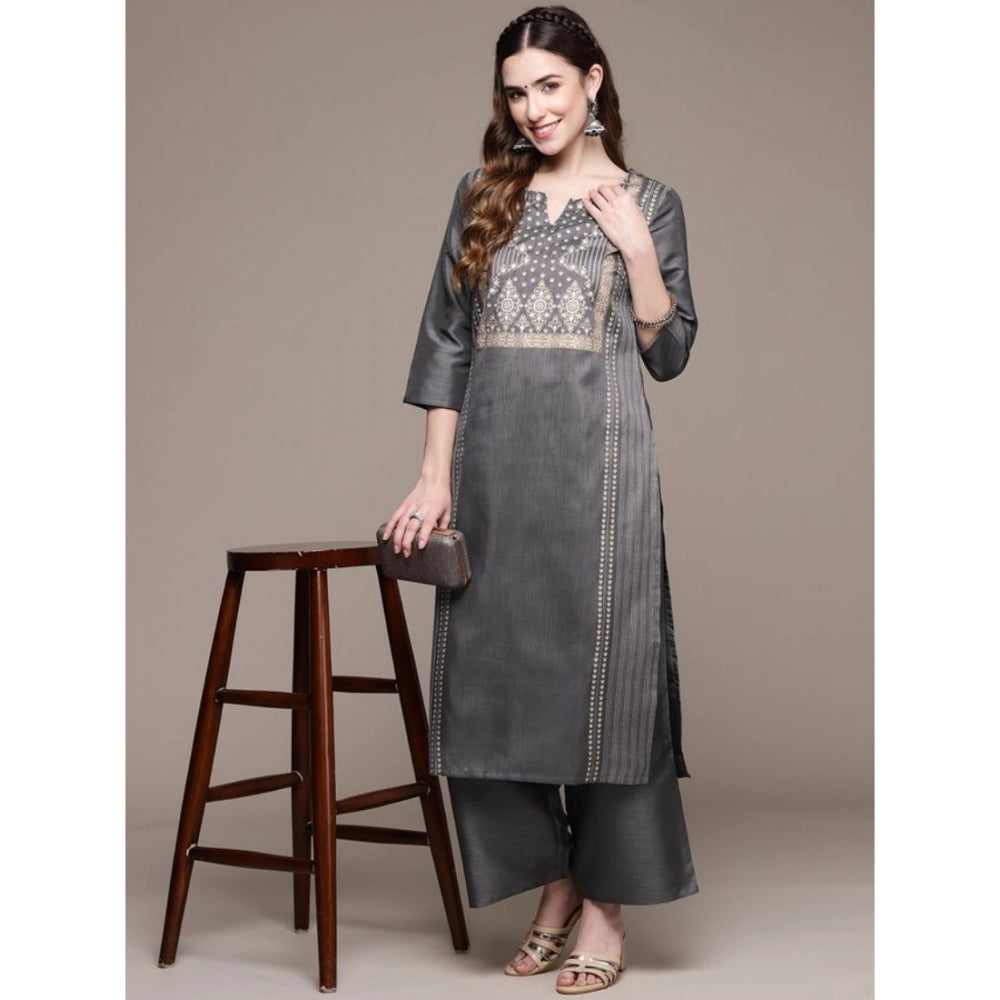 Women's Casual 3-4Th Sleeve Ethnic Motifs Poly Silk Kurti And Palazzo Set (Dark Grey) - GillKart