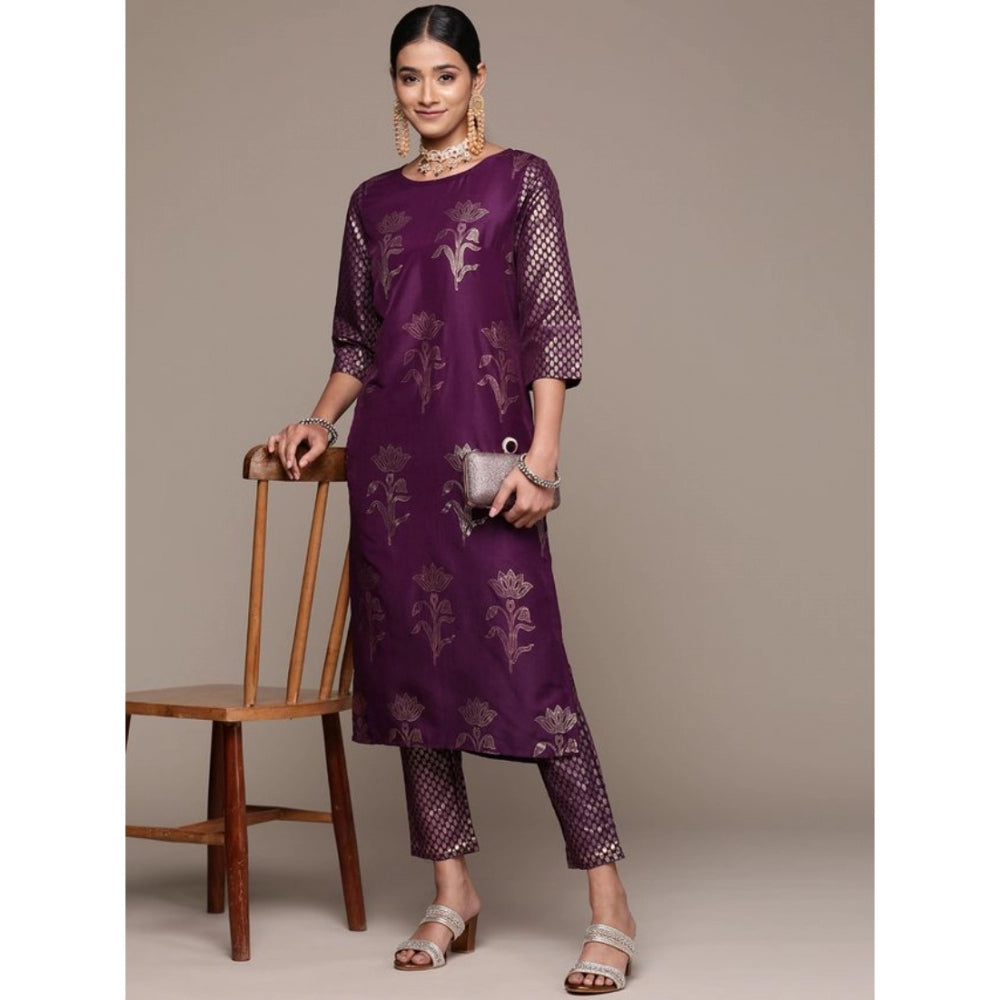 Women's Casual 3-4Th Sleeve Floral Printed Chinon Kurti and Pant Set (Purple) - GillKart