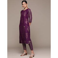 Women's Casual 3-4Th Sleeve Floral Printed Chinon Kurti and Pant Set (Purple) - GillKart