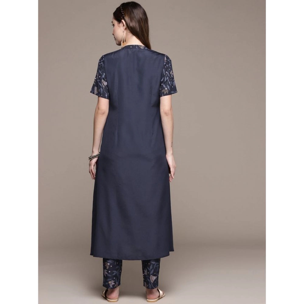 Women's Casual Half Sleeve Ethnic Motifs Crepe Kurti and Pant Set (Navy Blue) - GillKart