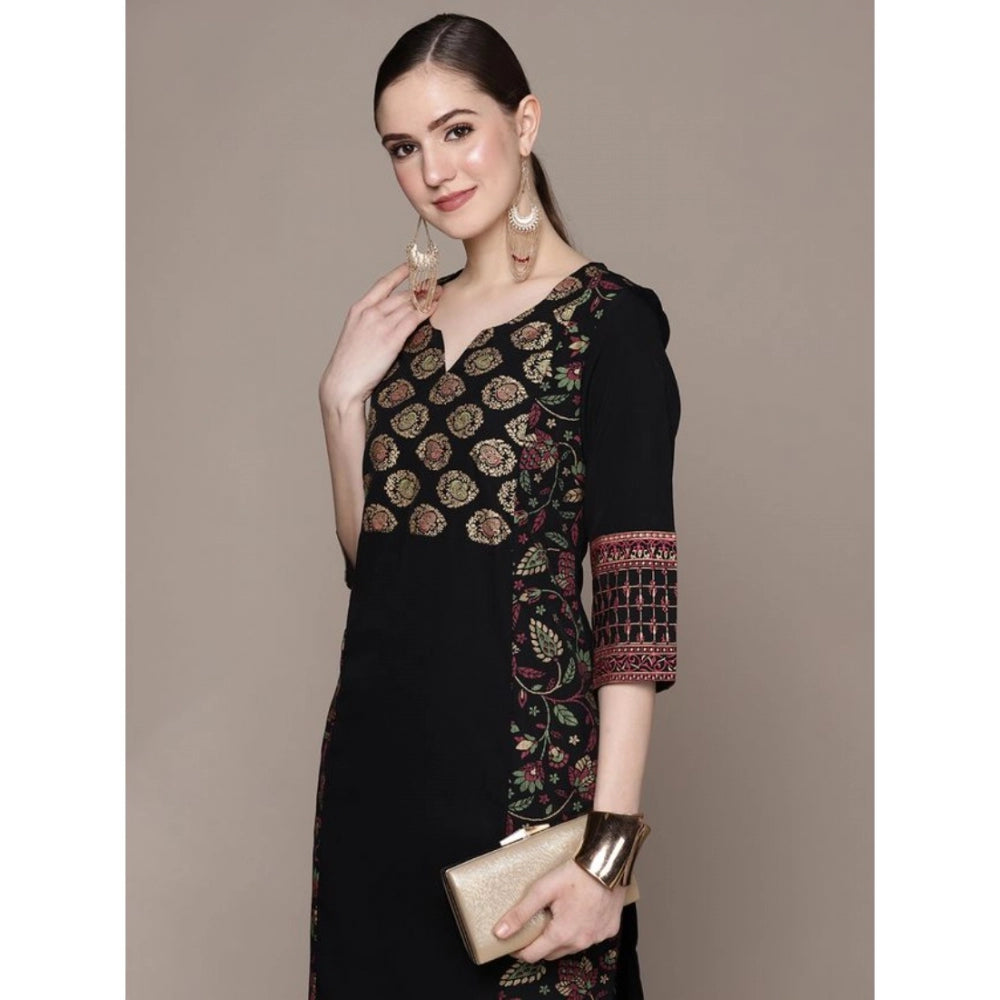 Women's Casual 3-4Th Sleeve Ethnic Motifs Crepe Kurti And Pant Set (Black) - GillKart