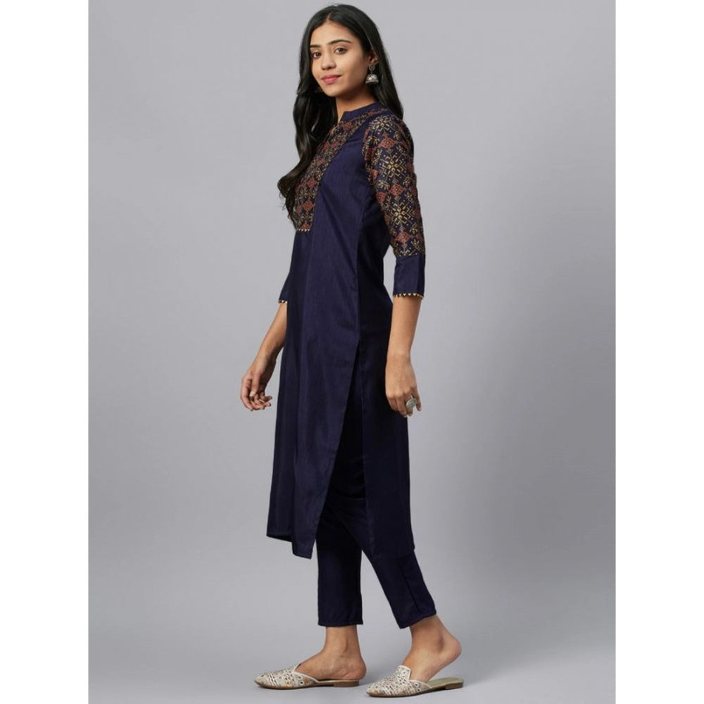 Women's Casual 3-4Th Sleeve Ethnic Motifs Poly Silk Kurti and Pant Set (Blue) - GillKart