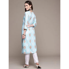 Women's Casual 3-4Th Sleeve Ethnic Motifs Rayon Kurti And Pant Set (Sky Blue) - GillKart