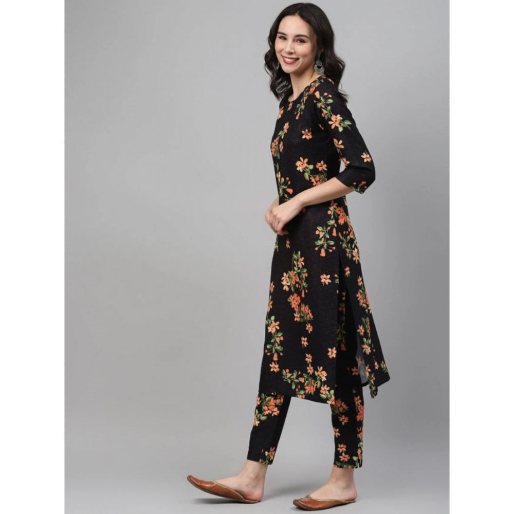 Women's Casual 3-4Th Sleeve Floral Printed Rayon Kurti And Pant Set (Black) - GillKart