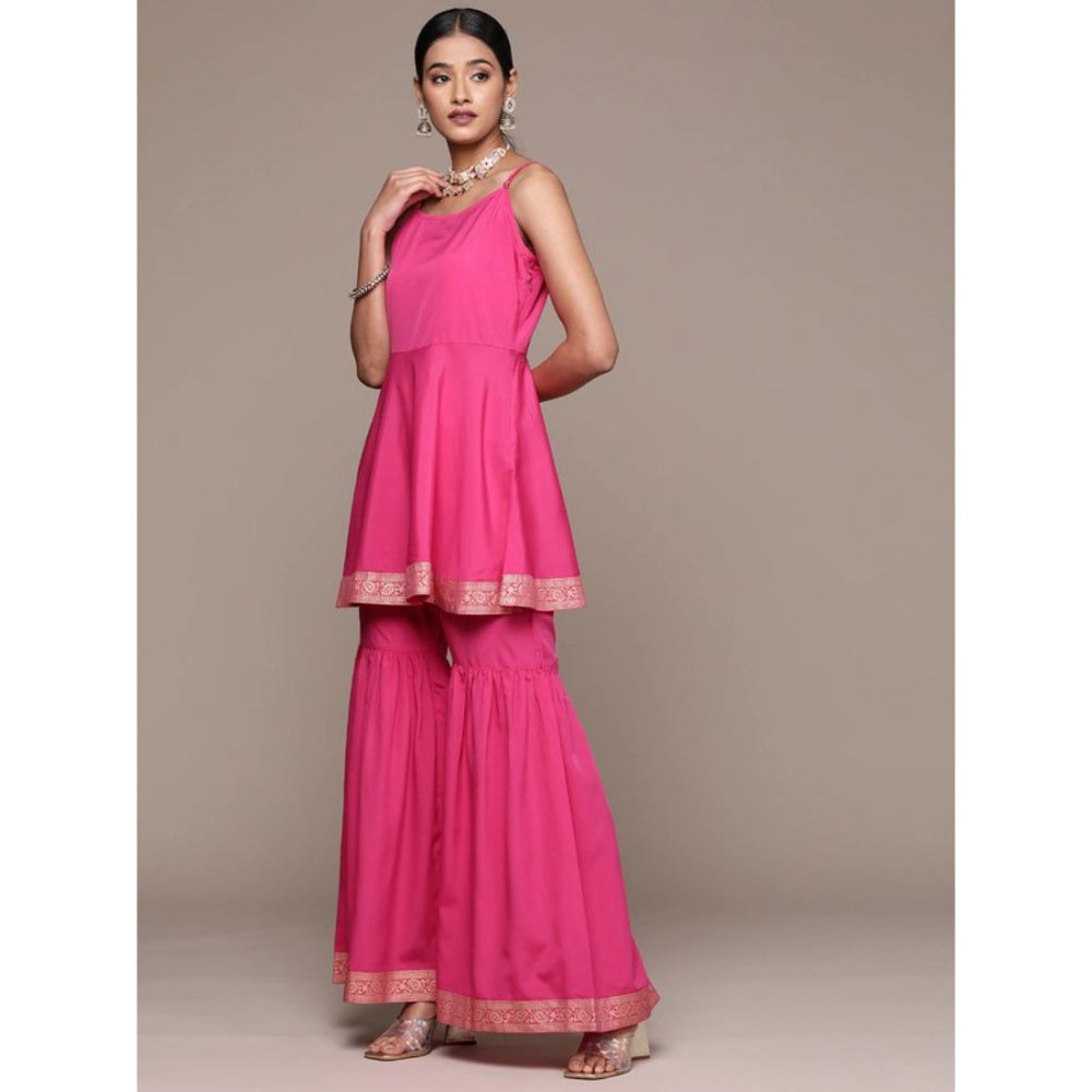 Women's Casual Sleeveless Ethnic Motifs Crepe Kurti Sharara And Dupatta Set (Pink) - GillKart