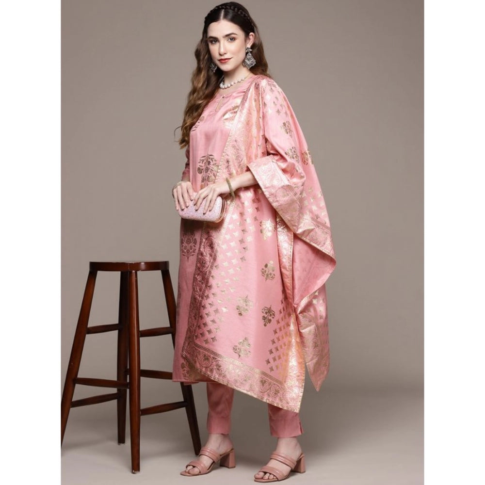 Women's Casual 3-4Th Sleeve Floral Printed Poly Silk Kurti Pant And Dupatta Set (Light Pink) - GillKart