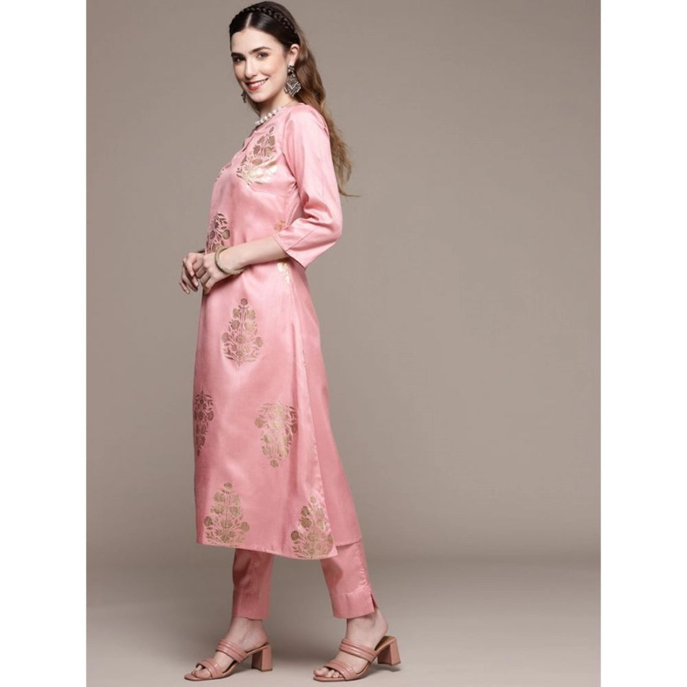 Women's Casual 3-4Th Sleeve Floral Printed Poly Silk Kurti Pant And Dupatta Set (Light Pink) - GillKart