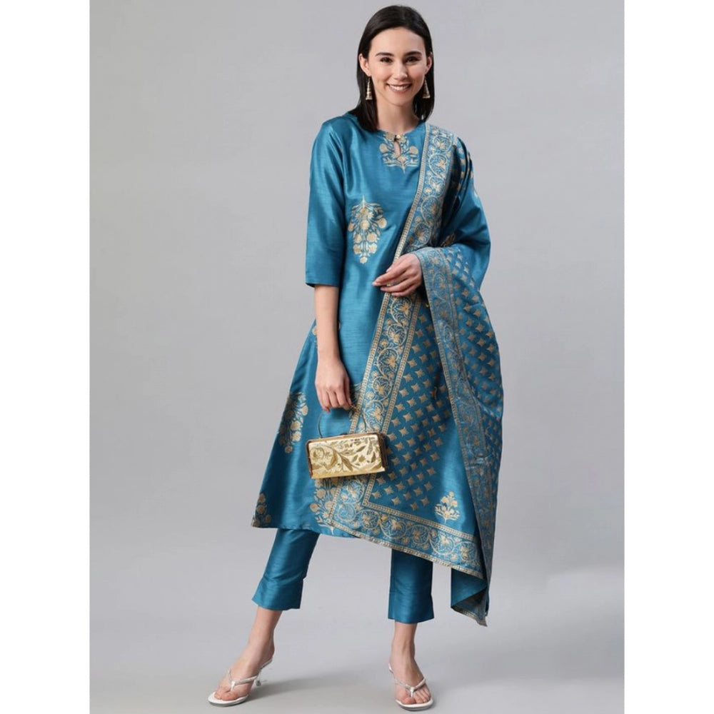 Women's Casual 3-4Th Sleeve Ethnic Motifs Poly Silk Kurti Pant And Dupatta Set (Blue) - GillKart