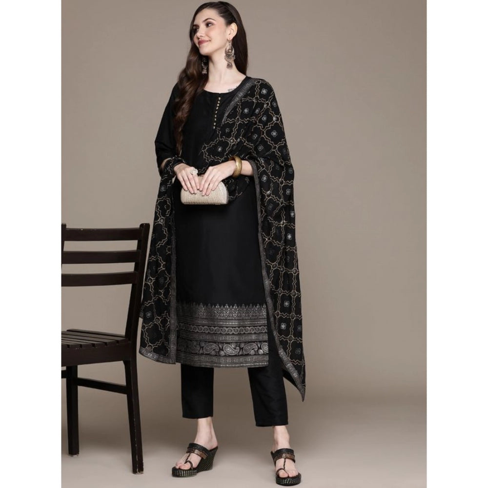 Women's Casual 3-4Th Sleeve Border Crepe Kurti Pant And Dupatta Set (Black) - GillKart