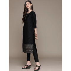 Women's Casual 3-4Th Sleeve Border Crepe Kurti Pant And Dupatta Set (Black) - GillKart