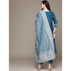 Women's Casual 3-4Th Sleeve Mughal Stripe Design Chinon Kurti Pant And Dupatta Set (Teal Blue) - GillKart