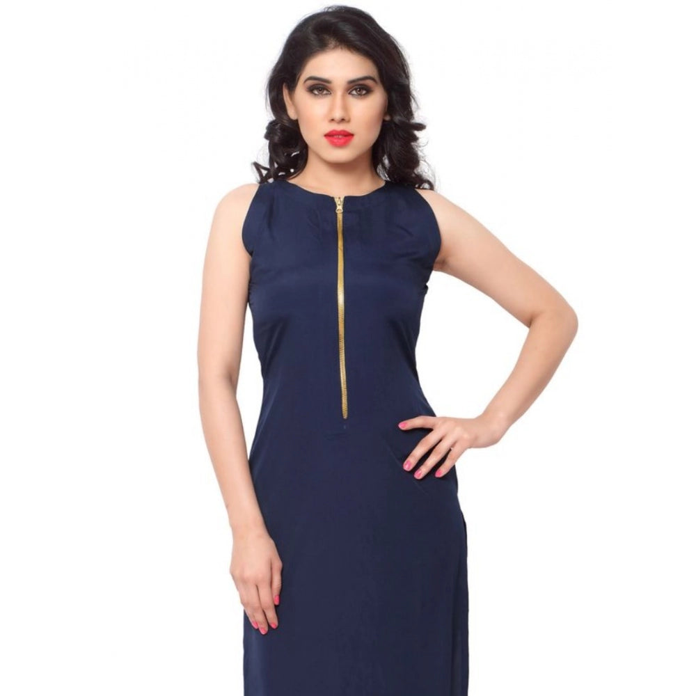 Women's Casual Sleeveless Solid Crepe Kurti (Blue) - GillKart