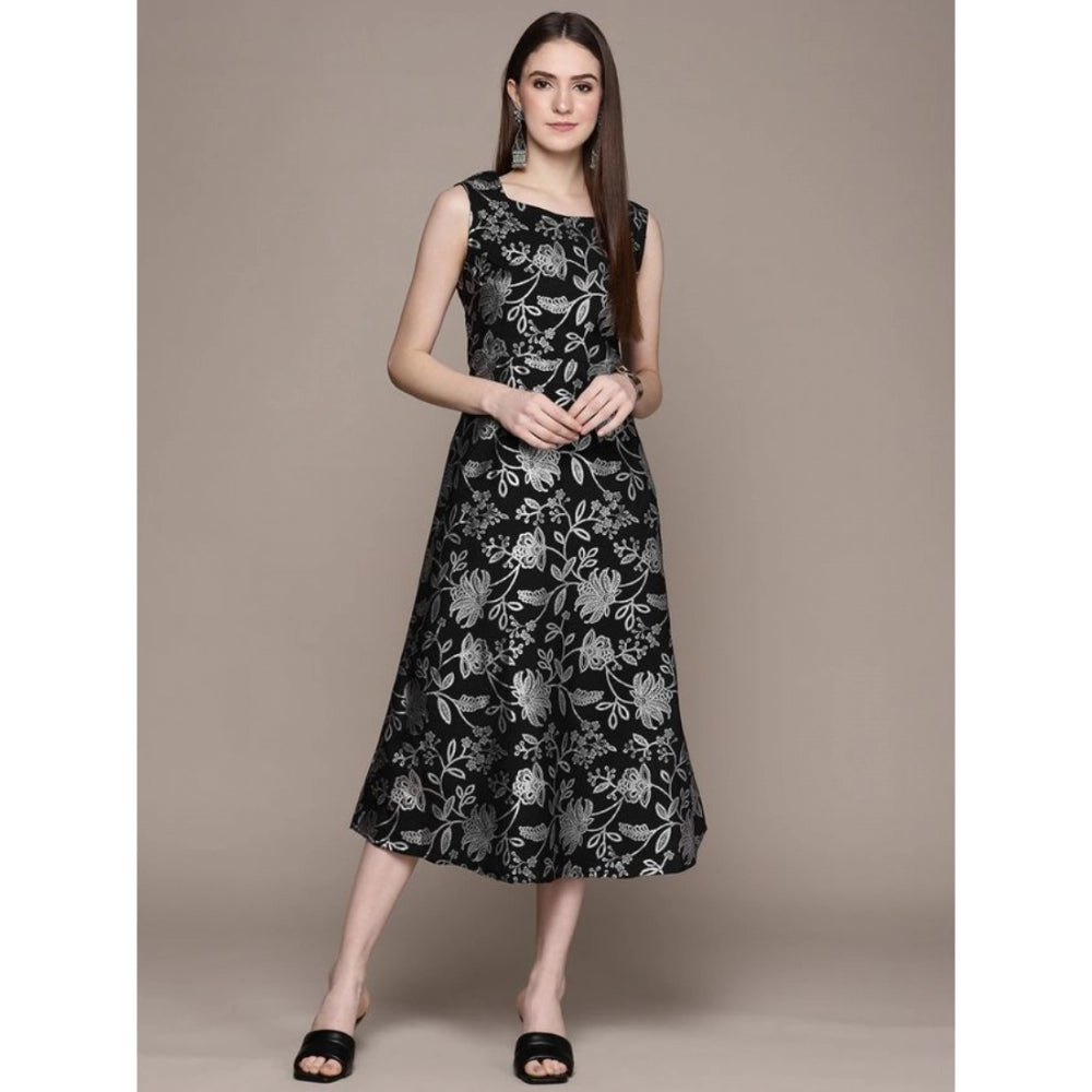 Women's Casual Sleeveless Floral Printed Crepe Ethnic Dress (Black) - GillKart