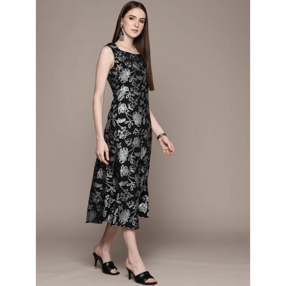 Women's Casual Sleeveless Floral Printed Crepe Ethnic Dress (Black) - GillKart