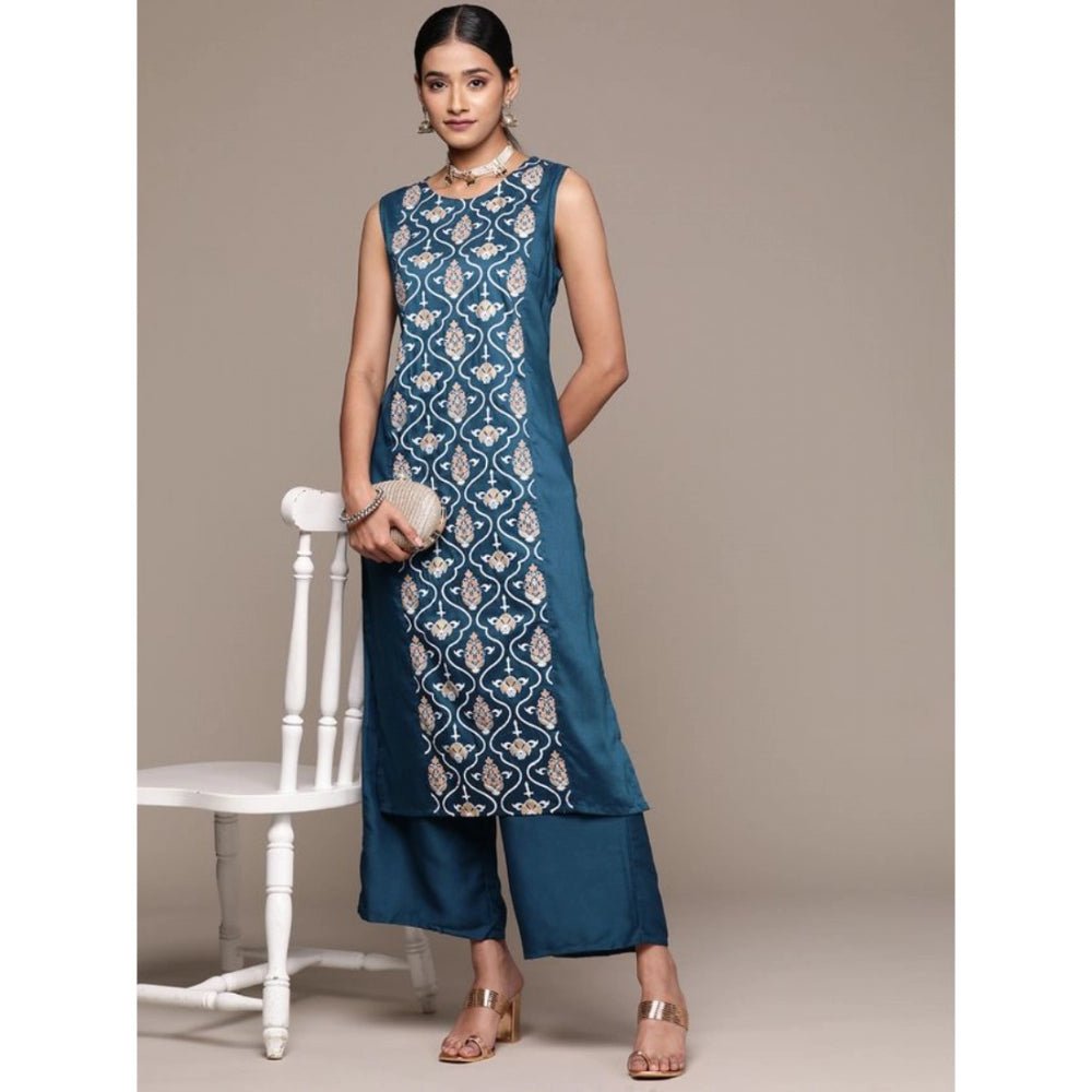 Women's Casual Sleeveless Floral Printed Chinon Kurti and Palazzo Set (Teal Blue) - GillKart