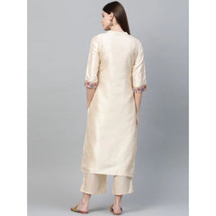 Women's Casual 3-4Th Sleeve Ethnic Motifs Poly Silk Kurti and Palazzo Set (Cream) - GillKart