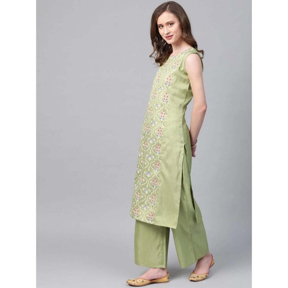 Women's Casual Sleeveless Floral Printed Poly Silk Kurti and Palazzo Set (Green) - GillKart