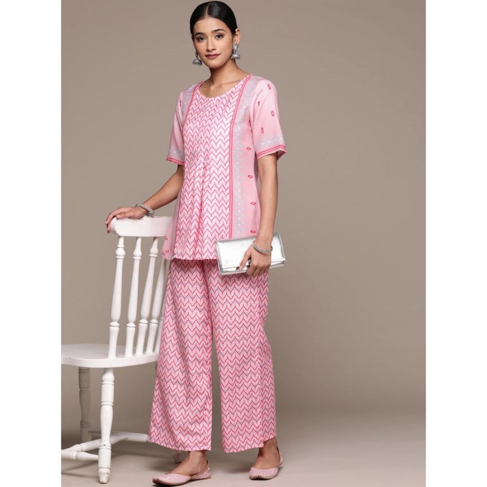 Women's Casual Half Sleeve Geometric Rayon Kurti And Palazzo Set (Pink) - GillKart