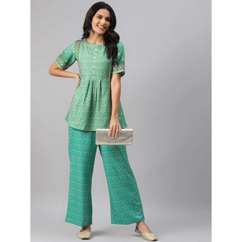 Women's Casual Half Sleeve Geometric Rayon Kurti And Palazzo Set (Green) - GillKart