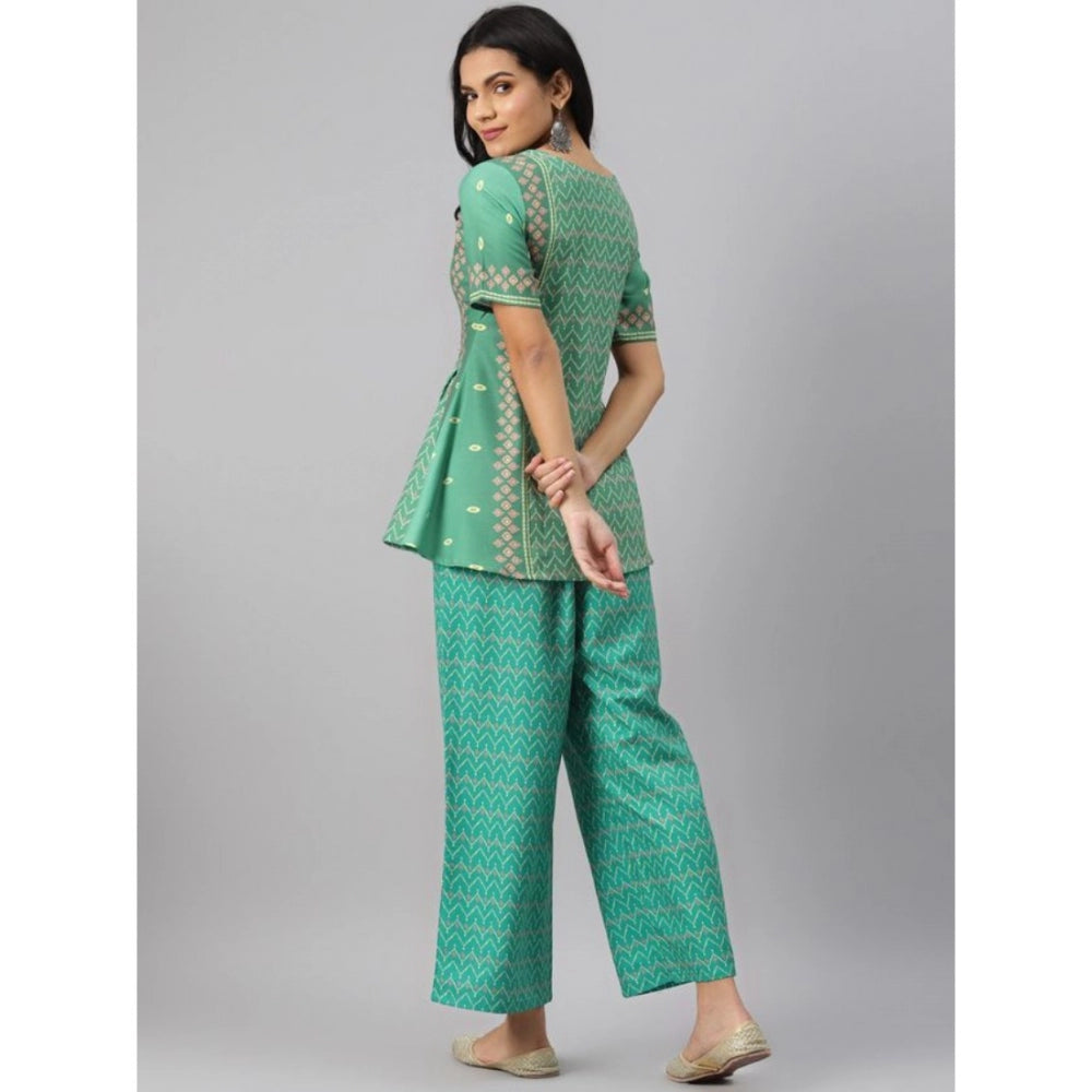 Women's Casual Half Sleeve Geometric Rayon Kurti And Palazzo Set (Green) - GillKart