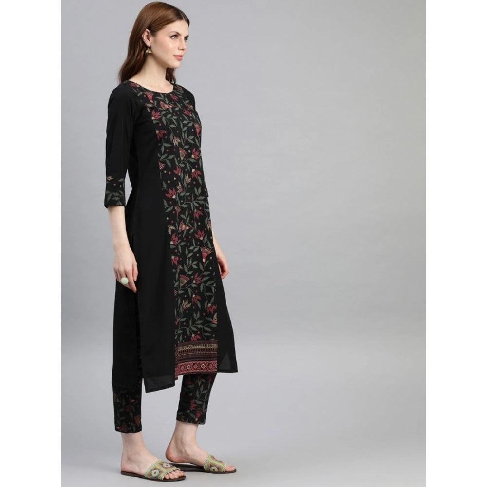 Women's Casual 3-4Th Sleeve Floral Printed Crepe Kurti and Pant Set (Black) - GillKart